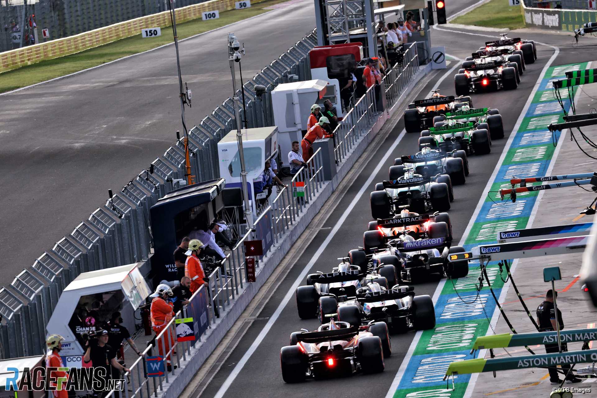 Queue at pit exit, Hungaroring, 2024